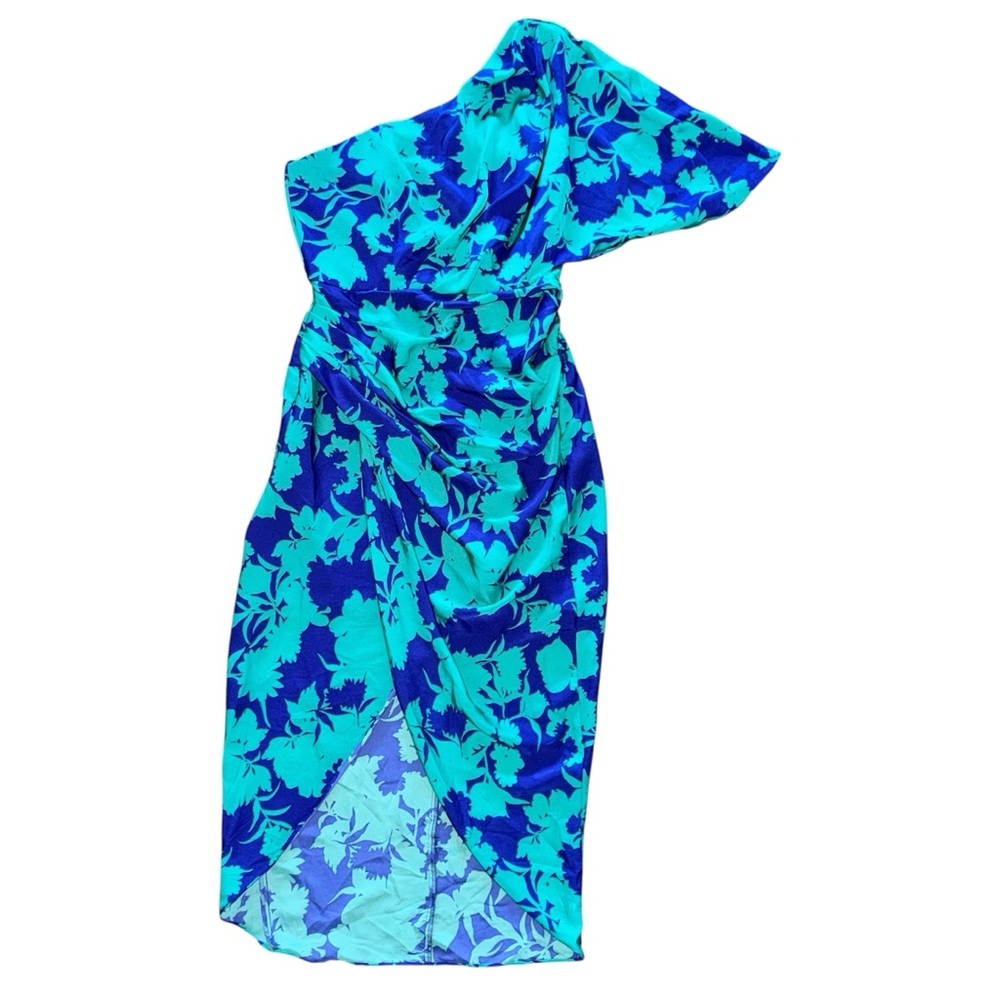 DO+BE Vibrant Blue and Green One-Shoulder Dress with ruched waist size S NWT